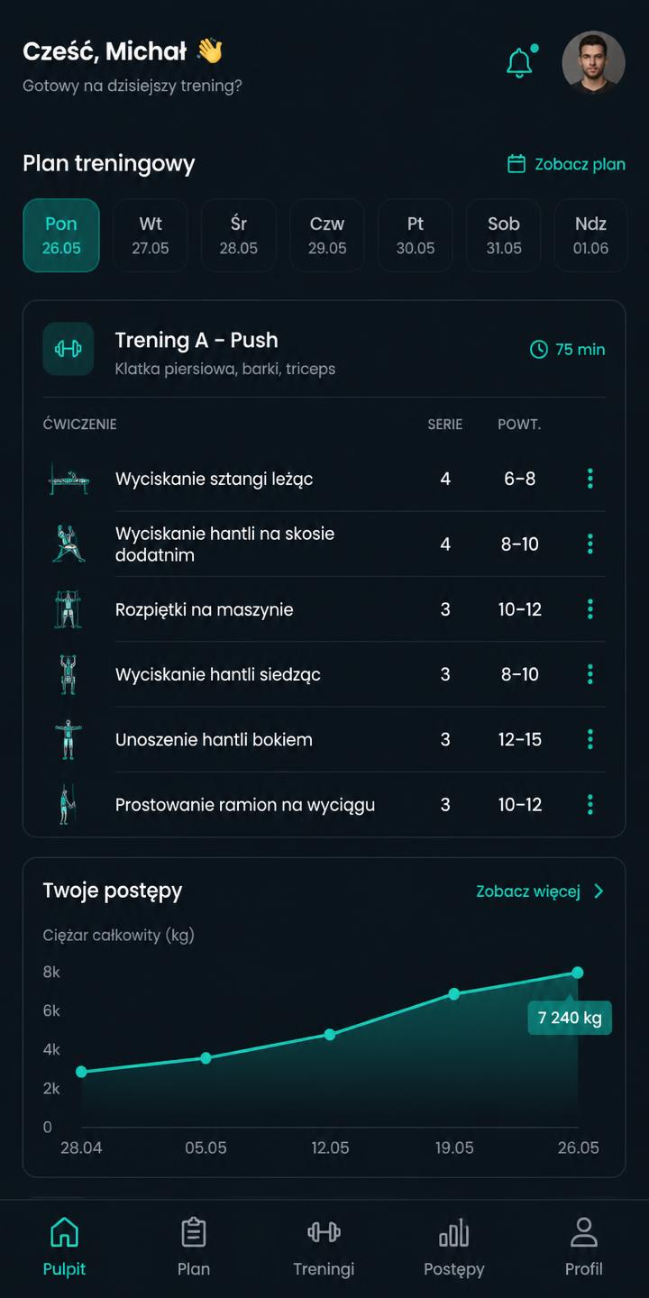 Ekran planu treningowego w aplikacji FITERA